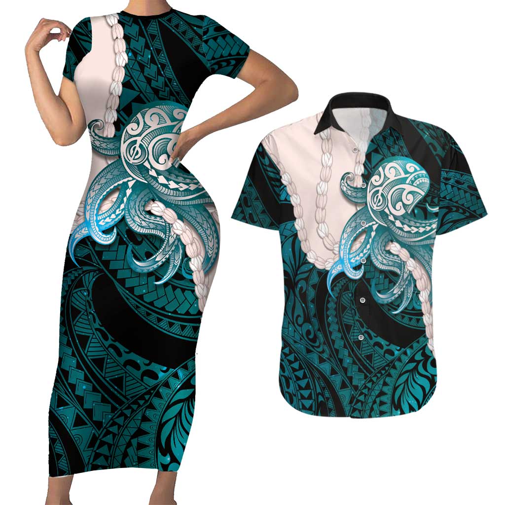 Teal Galaxy Polynesia Tribal Octopus Tattoo Couples Matching Short Sleeve Bodycon Dress and Hawaiian Shirt Pikake Lei Polynesian Pattern