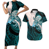 Teal Galaxy Polynesia Tribal Octopus Tattoo Couples Matching Short Sleeve Bodycon Dress and Hawaiian Shirt Pikake Lei Polynesian Pattern