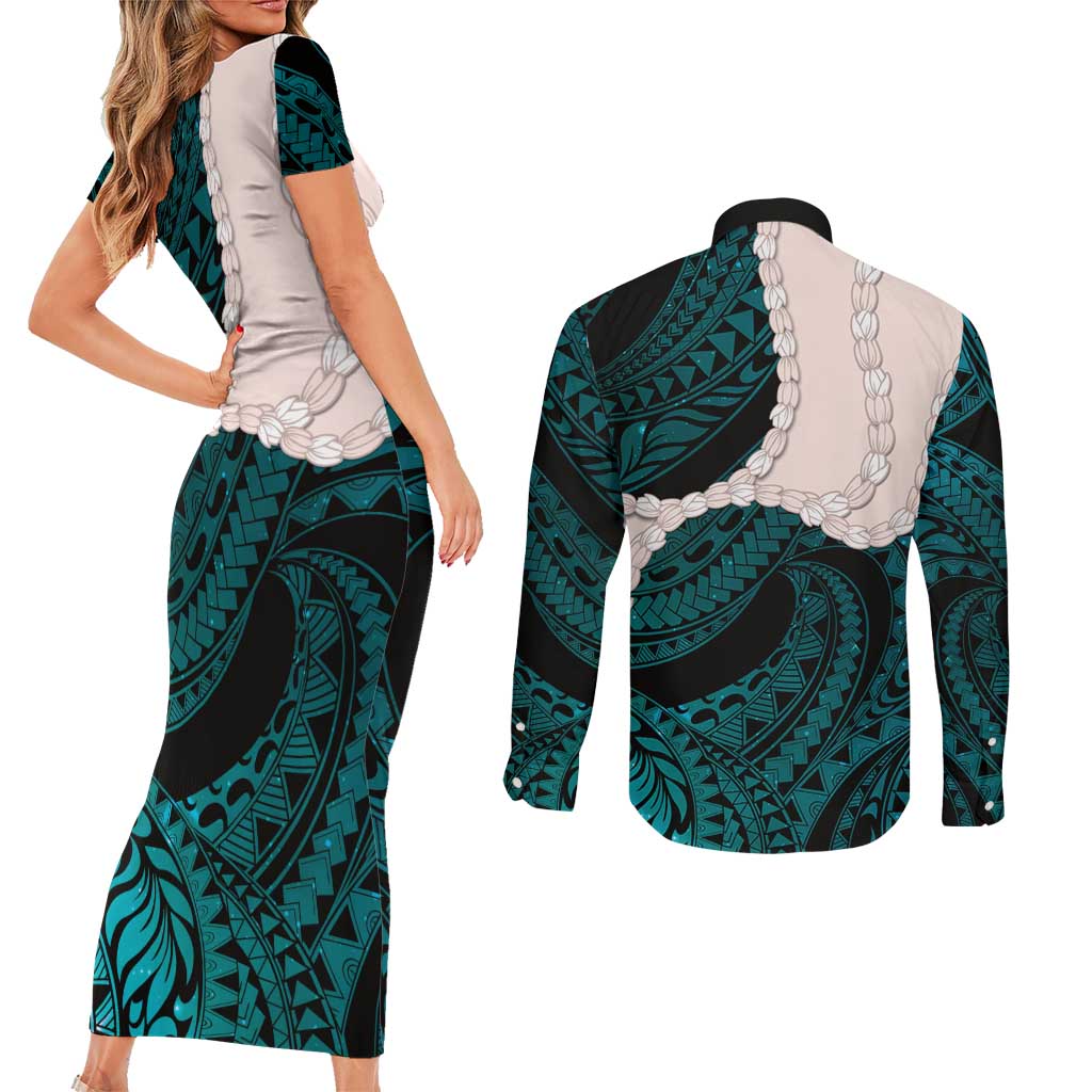 Teal Galaxy Polynesia Tribal Octopus Tattoo Couples Matching Short Sleeve Bodycon Dress and Long Sleeve Button Shirt Pikake Lei Polynesian Pattern