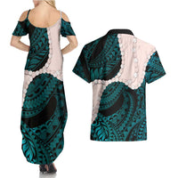 Teal Galaxy Polynesia Tribal Octopus Tattoo Couples Matching Summer Maxi Dress and Hawaiian Shirt Pikake Lei Polynesian Pattern