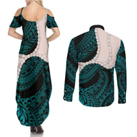 Teal Galaxy Polynesia Tribal Octopus Tattoo Couples Matching Summer Maxi Dress and Long Sleeve Button Shirt Pikake Lei Polynesian Pattern