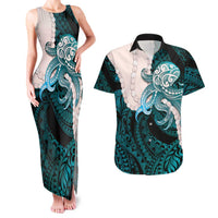 Teal Galaxy Polynesia Tribal Octopus Tattoo Couples Matching Tank Maxi Dress and Hawaiian Shirt Pikake Lei Polynesian Pattern