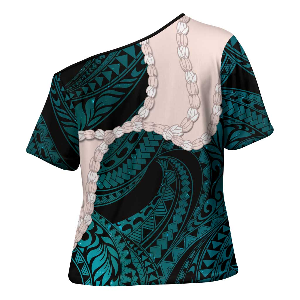 Teal Galaxy Polynesia Tribal Octopus Tattoo Cross Shoulder Shirt Pikake Lei Polynesian Pattern