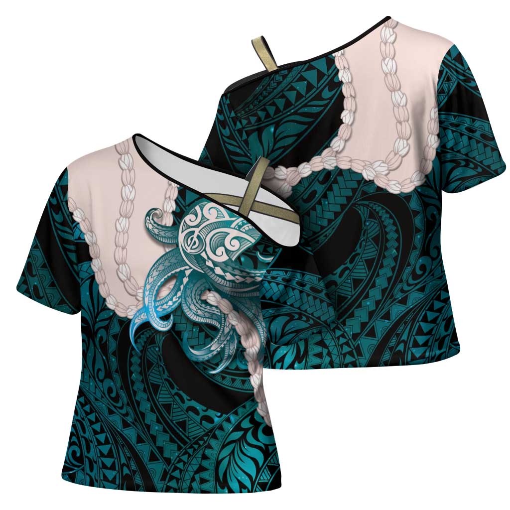 Teal Galaxy Polynesia Tribal Octopus Tattoo Cross Shoulder Shirt Pikake Lei Polynesian Pattern