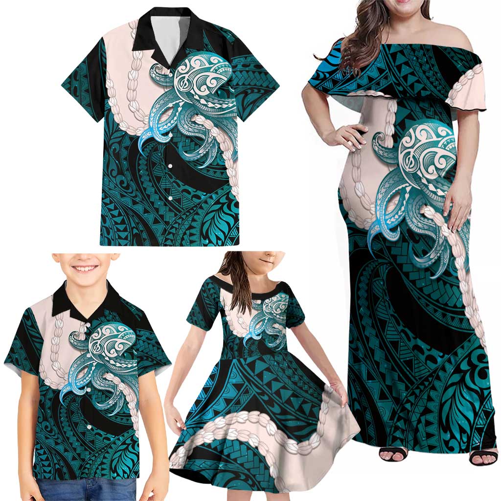 Teal Galaxy Polynesia Tribal Octopus Tattoo Family Matching Off Shoulder Maxi Dress and Hawaiian Shirt Pikake Lei Polynesian Pattern