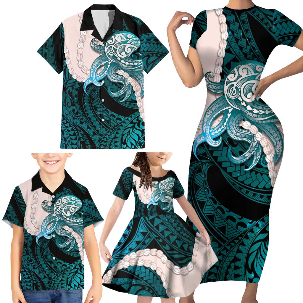 Teal Galaxy Polynesia Tribal Octopus Tattoo Family Matching Short Sleeve Bodycon Dress and Hawaiian Shirt Pikake Lei Polynesian Pattern LT14 - Polynesian Pride