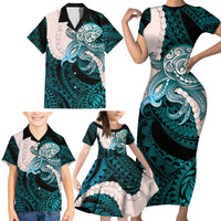 Teal Galaxy Polynesia Tribal Octopus Tattoo Family Matching Short Sleeve Bodycon Dress and Hawaiian Shirt Pikake Lei Polynesian Pattern LT14 - Polynesian Pride