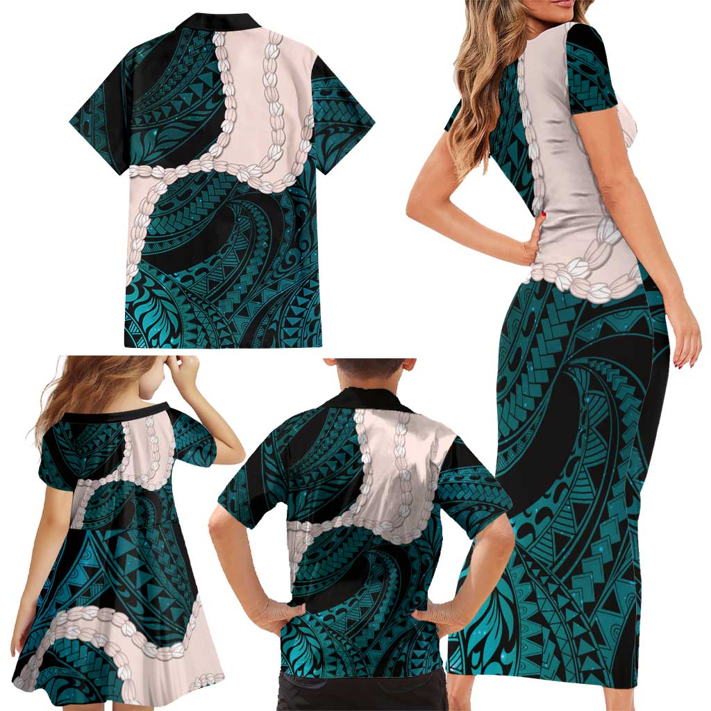 Teal Galaxy Polynesia Tribal Octopus Tattoo Family Matching Short Sleeve Bodycon Dress and Hawaiian Shirt Pikake Lei Polynesian Pattern LT14 - Polynesian Pride
