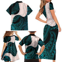 Teal Galaxy Polynesia Tribal Octopus Tattoo Family Matching Short Sleeve Bodycon Dress and Hawaiian Shirt Pikake Lei Polynesian Pattern LT14 - Polynesian Pride