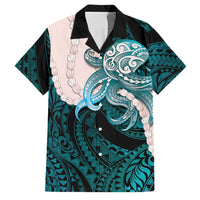 Teal Galaxy Polynesia Tribal Octopus Tattoo Family Matching Short Sleeve Bodycon Dress and Hawaiian Shirt Pikake Lei Polynesian Pattern LT14 Dad's Shirt - Short Sleeve Teal - Polynesian Pride