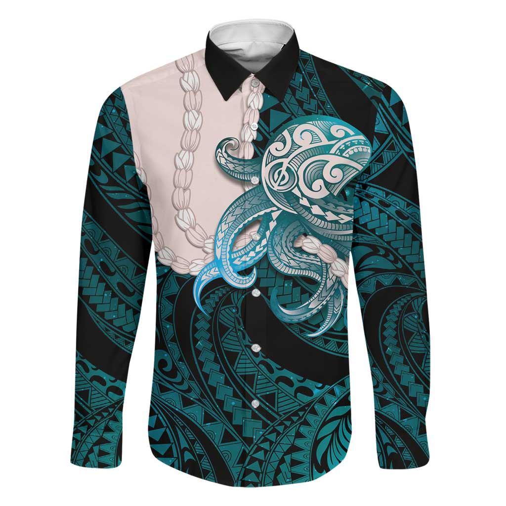 Teal Galaxy Polynesia Tribal Octopus Tattoo Family Matching Short Sleeve Bodycon Dress and Hawaiian Shirt Pikake Lei Polynesian Pattern LT14 Dad's Shirt - Long Sleeve Teal - Polynesian Pride
