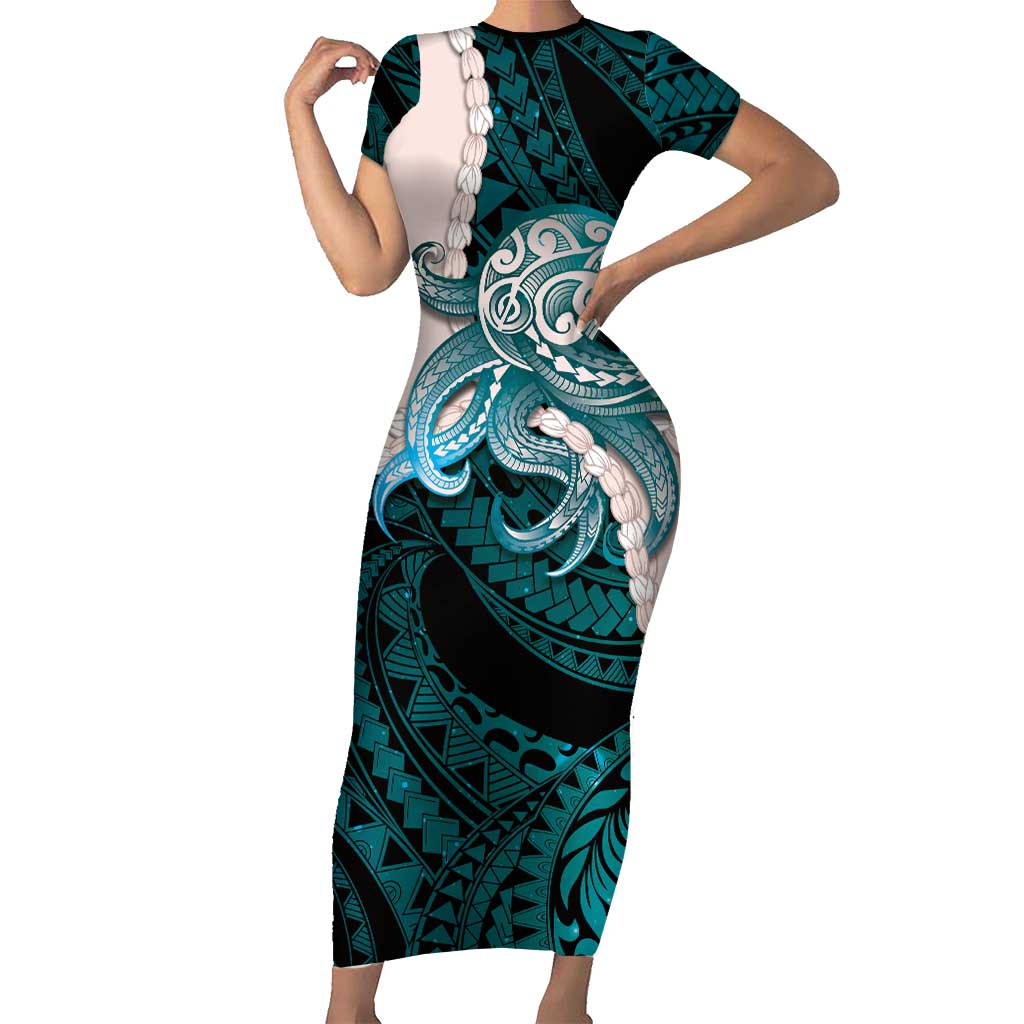 Teal Galaxy Polynesia Tribal Octopus Tattoo Family Matching Short Sleeve Bodycon Dress and Hawaiian Shirt Pikake Lei Polynesian Pattern LT14 Mom's Dress Teal - Polynesian Pride