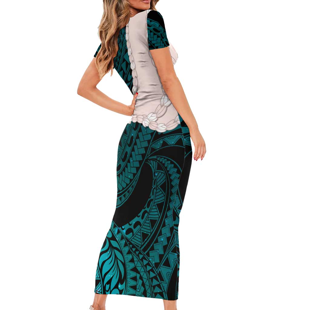 Teal Galaxy Polynesia Tribal Octopus Tattoo Family Matching Short Sleeve Bodycon Dress and Hawaiian Shirt Pikake Lei Polynesian Pattern LT14 - Polynesian Pride