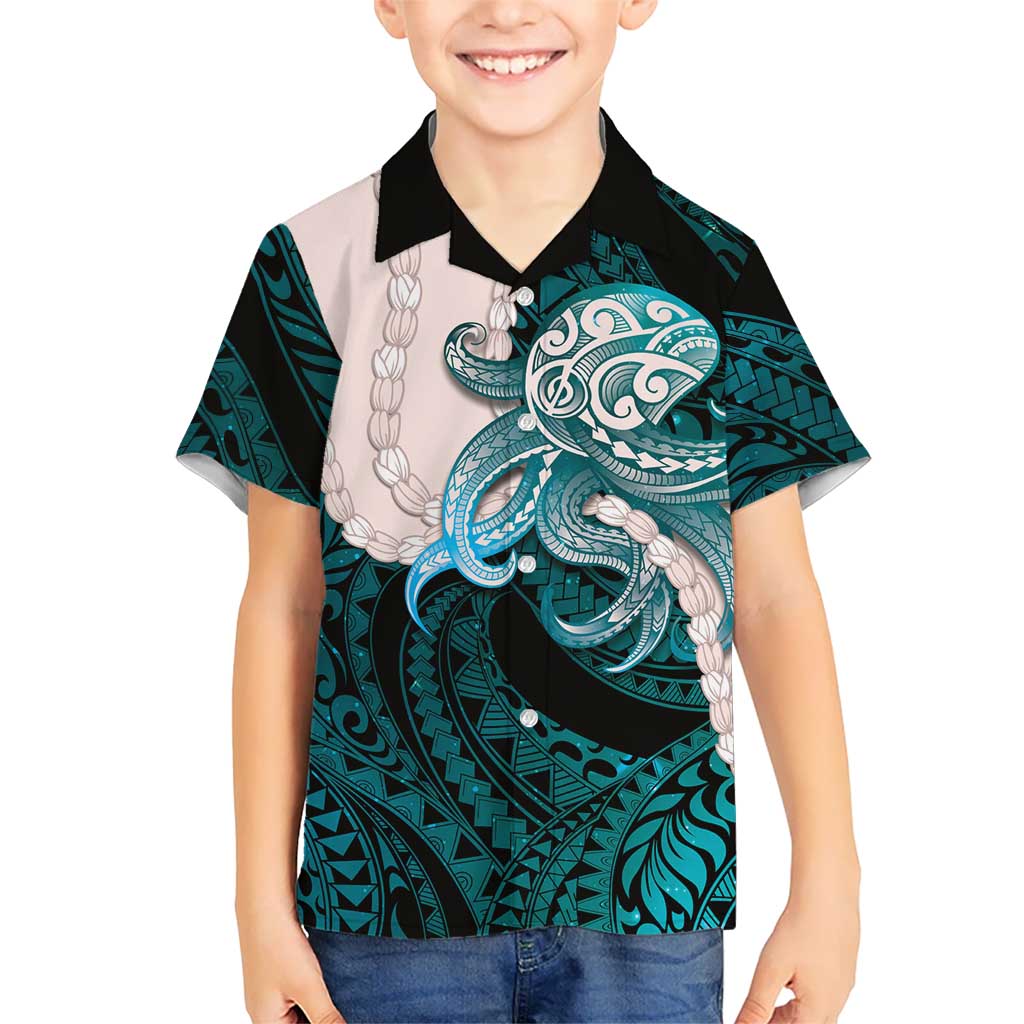 Teal Galaxy Polynesia Tribal Octopus Tattoo Family Matching Short Sleeve Bodycon Dress and Hawaiian Shirt Pikake Lei Polynesian Pattern LT14 Son's Shirt Teal - Polynesian Pride