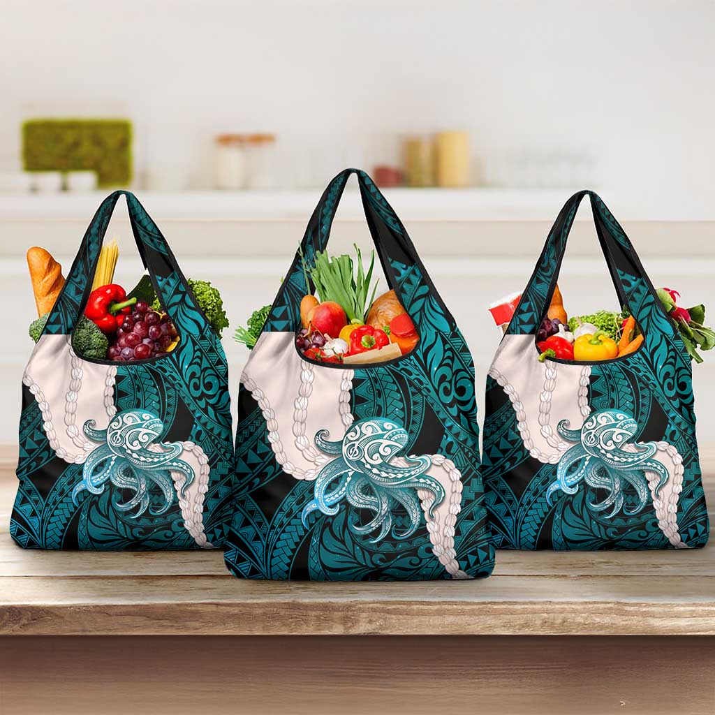 Teal Galaxy Polynesia Tribal Octopus Tattoo Grocery Bag Pikake Lei Polynesian Pattern