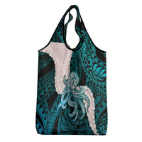 Teal Galaxy Polynesia Tribal Octopus Tattoo Grocery Bag Pikake Lei Polynesian Pattern