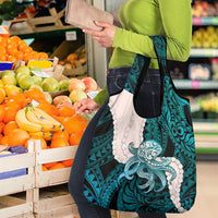 Teal Galaxy Polynesia Tribal Octopus Tattoo Grocery Bag Pikake Lei Polynesian Pattern