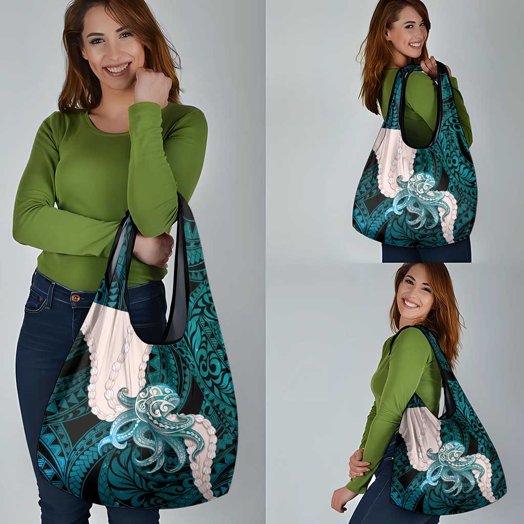 Teal Galaxy Polynesia Tribal Octopus Tattoo Grocery Bag Pikake Lei Polynesian Pattern