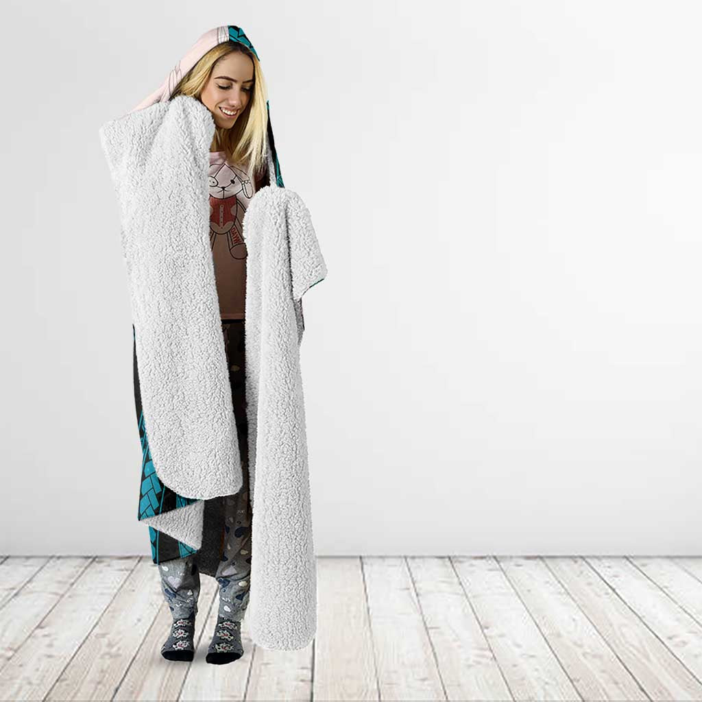 Teal Galaxy Polynesia Tribal Octopus Tattoo Hooded Blanket Pikake Lei Polynesian Pattern
