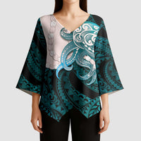 Teal Galaxy Polynesia Tribal Octopus Tattoo Kimono Sleeve Blouse Pikake Lei Polynesian Pattern