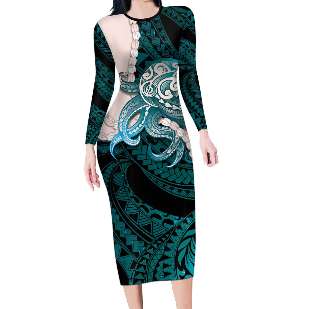 Teal Galaxy Polynesia Tribal Octopus Tattoo Long Sleeve Bodycon Dress Pikake Lei Polynesian Pattern