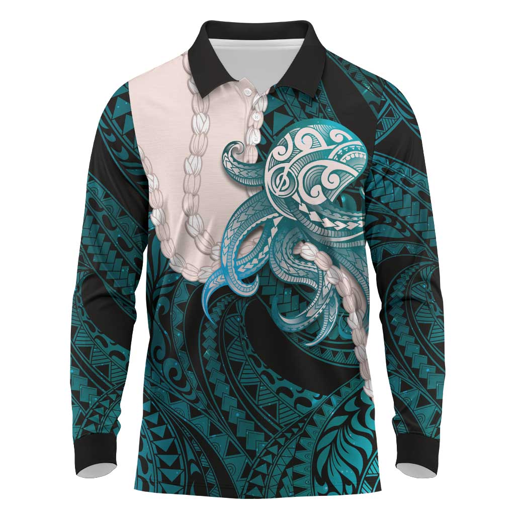Teal Galaxy Polynesia Tribal Octopus Tattoo Long Sleeve Polo Shirt Pikake Lei Polynesian Pattern
