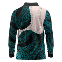 Teal Galaxy Polynesia Tribal Octopus Tattoo Long Sleeve Polo Shirt Pikake Lei Polynesian Pattern