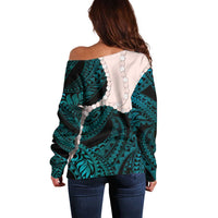 Teal Galaxy Polynesia Tribal Octopus Tattoo Off Shoulder Sweater Pikake Lei Polynesian Pattern