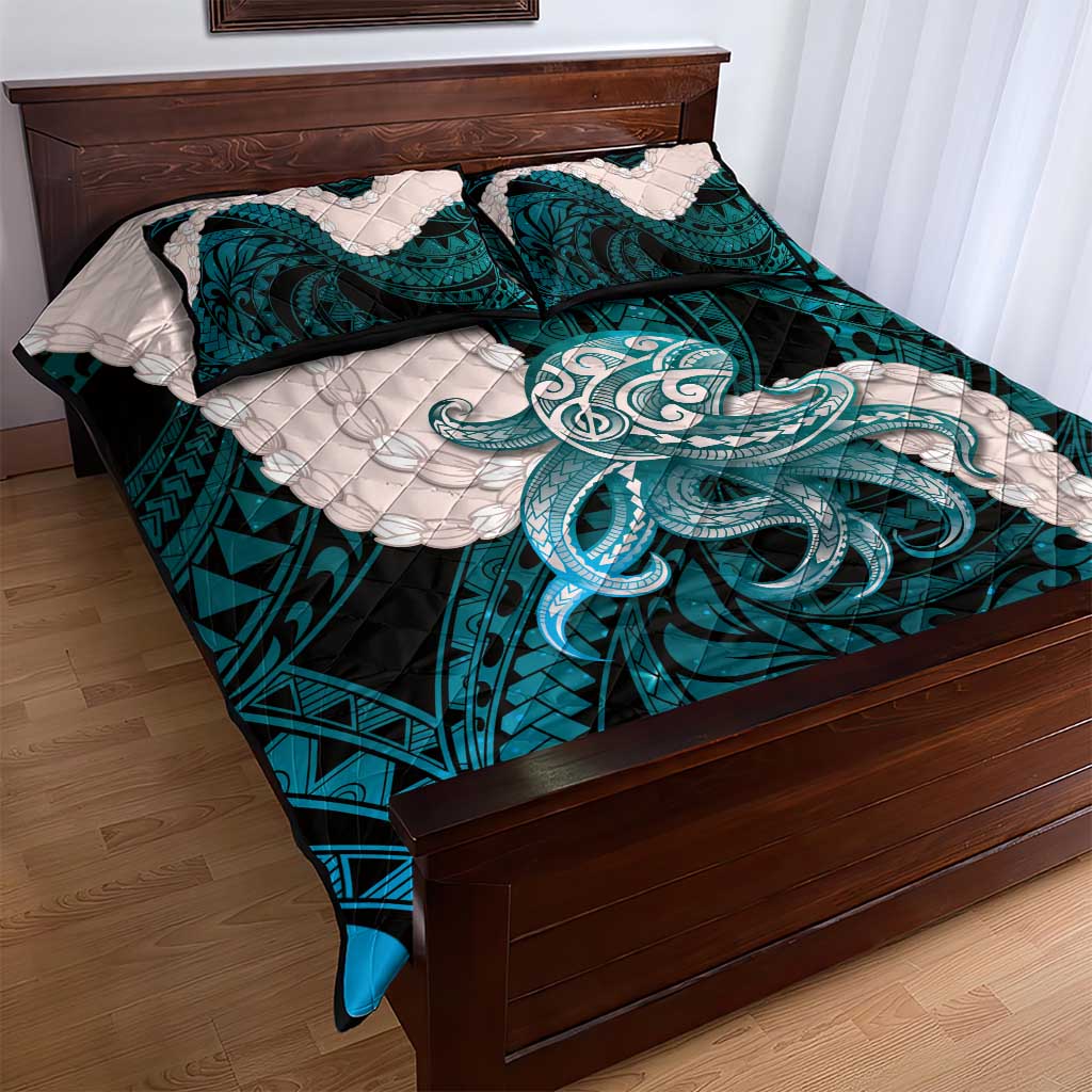 Teal Galaxy Polynesia Tribal Octopus Tattoo Quilt Bed Set Pikake Lei Polynesian Pattern