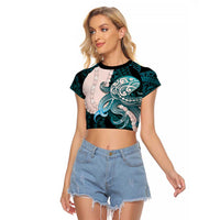 Teal Galaxy Polynesia Tribal Octopus Tattoo Raglan Cropped T Shirt Pikake Lei Polynesian Pattern