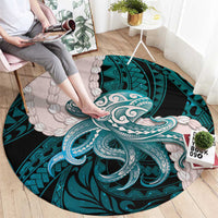 Teal Galaxy Polynesia Tribal Octopus Tattoo Round Carpet Pikake Lei Polynesian Pattern