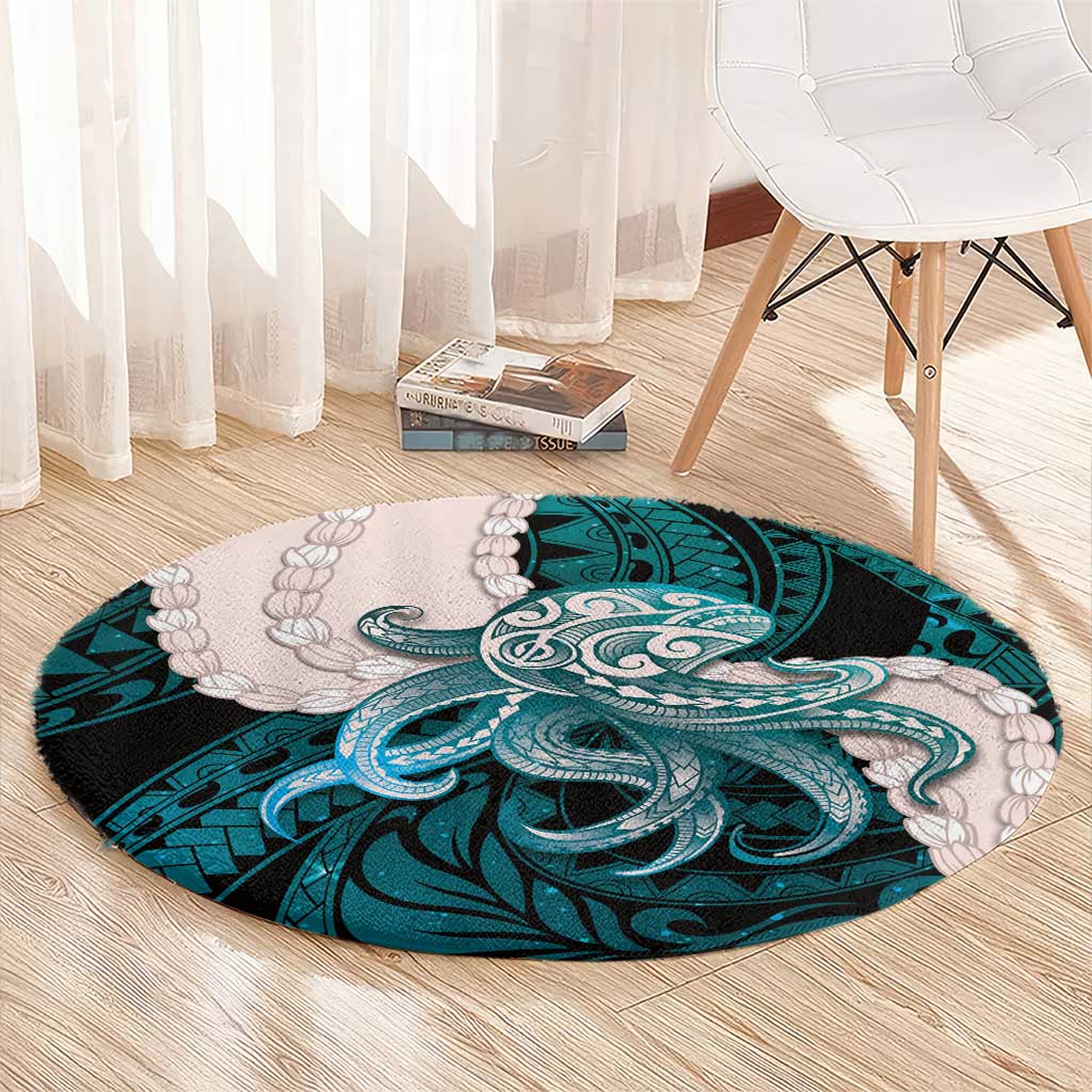 Teal Galaxy Polynesia Tribal Octopus Tattoo Round Carpet Pikake Lei Polynesian Pattern