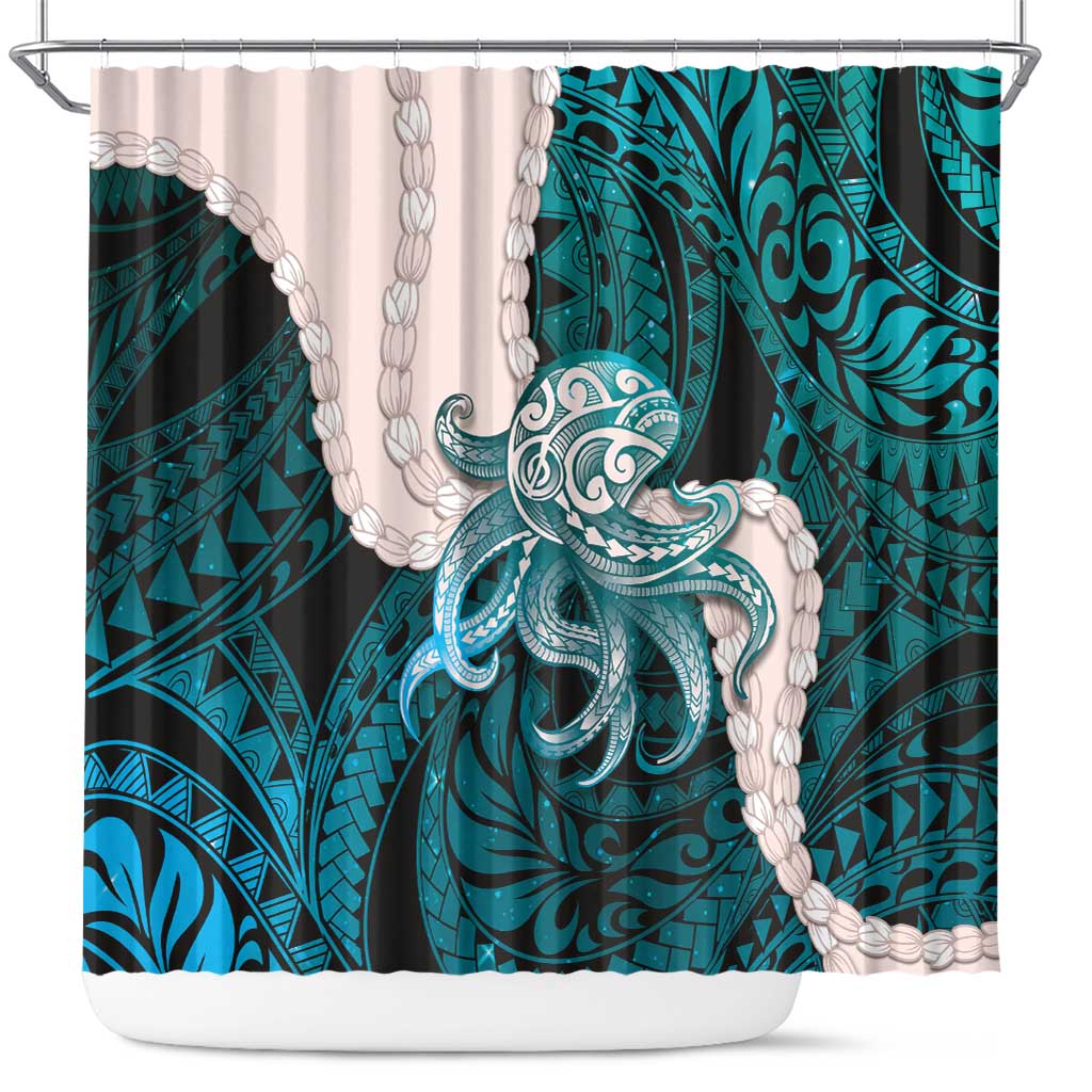 Teal Galaxy Polynesia Tribal Octopus Tattoo Shower Curtain Pikake Lei Polynesian Pattern