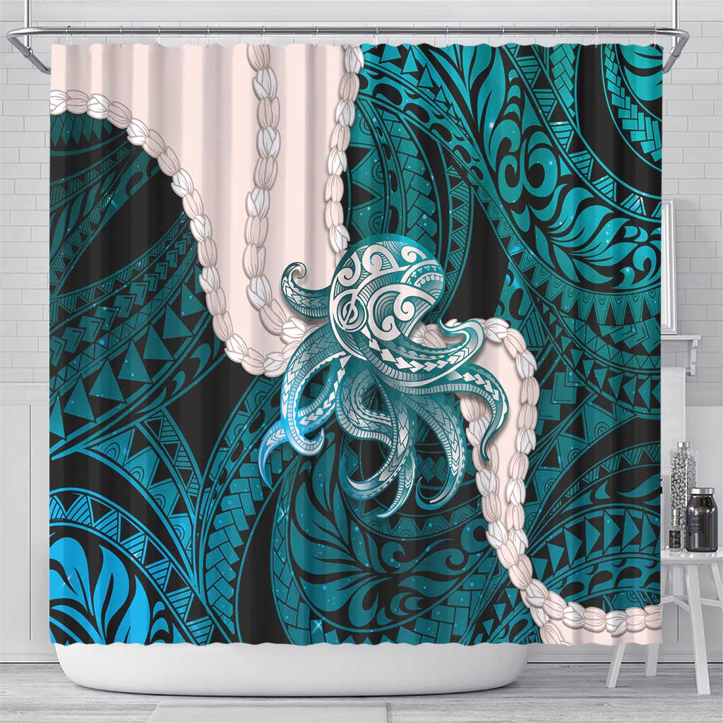 Teal Galaxy Polynesia Tribal Octopus Tattoo Shower Curtain Pikake Lei Polynesian Pattern