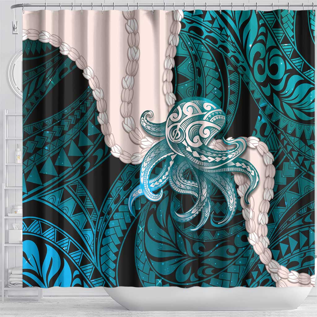 Teal Galaxy Polynesia Tribal Octopus Tattoo Shower Curtain Pikake Lei Polynesian Pattern