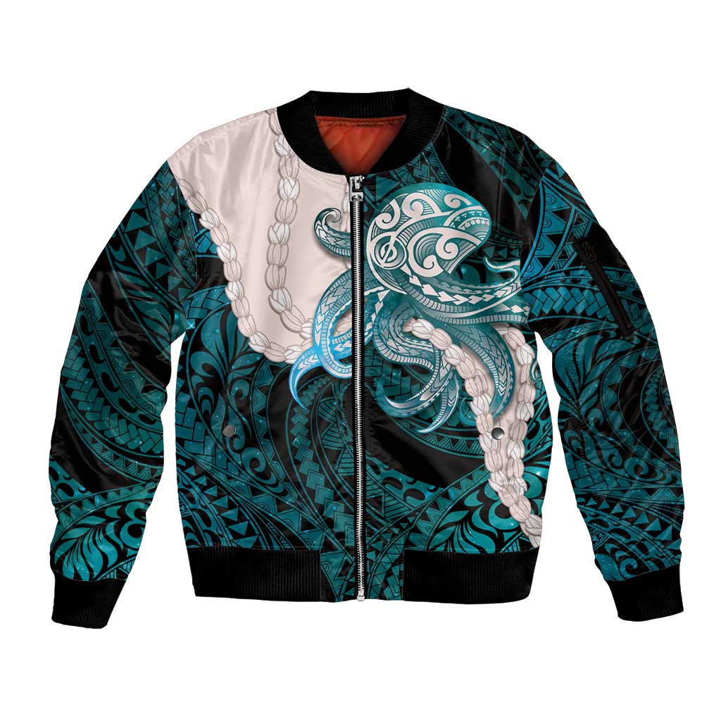Teal Galaxy Polynesia Tribal Octopus Tattoo Sleeve Zip Bomber Jacket Pikake Lei Polynesian Pattern