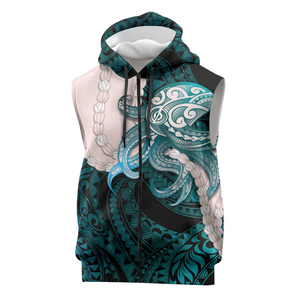Teal Galaxy Polynesia Tribal Octopus Tattoo Sleeveless Zip Hoodie Pikake Lei Polynesian Pattern