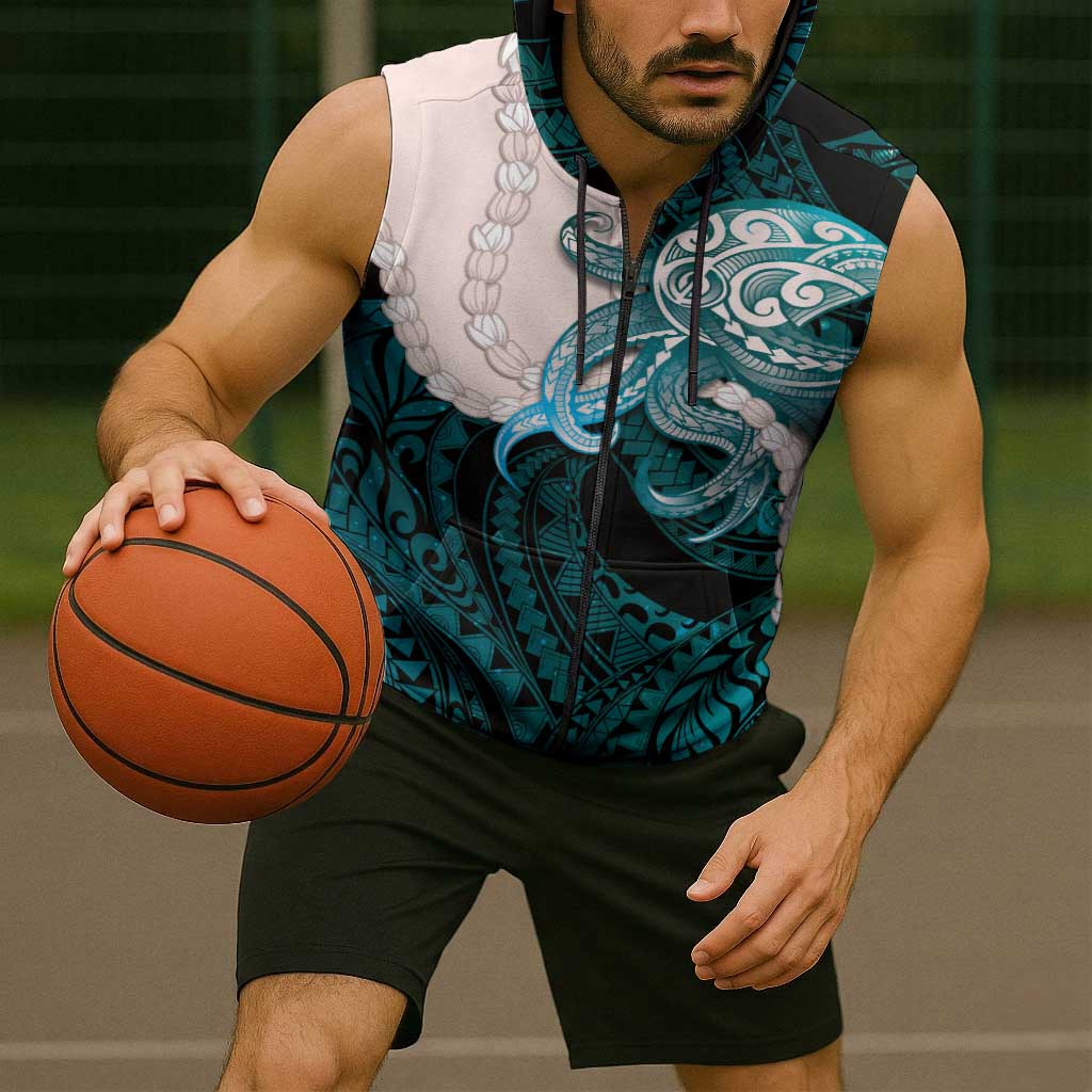 Teal Galaxy Polynesia Tribal Octopus Tattoo Sleeveless Zip Hoodie Pikake Lei Polynesian Pattern