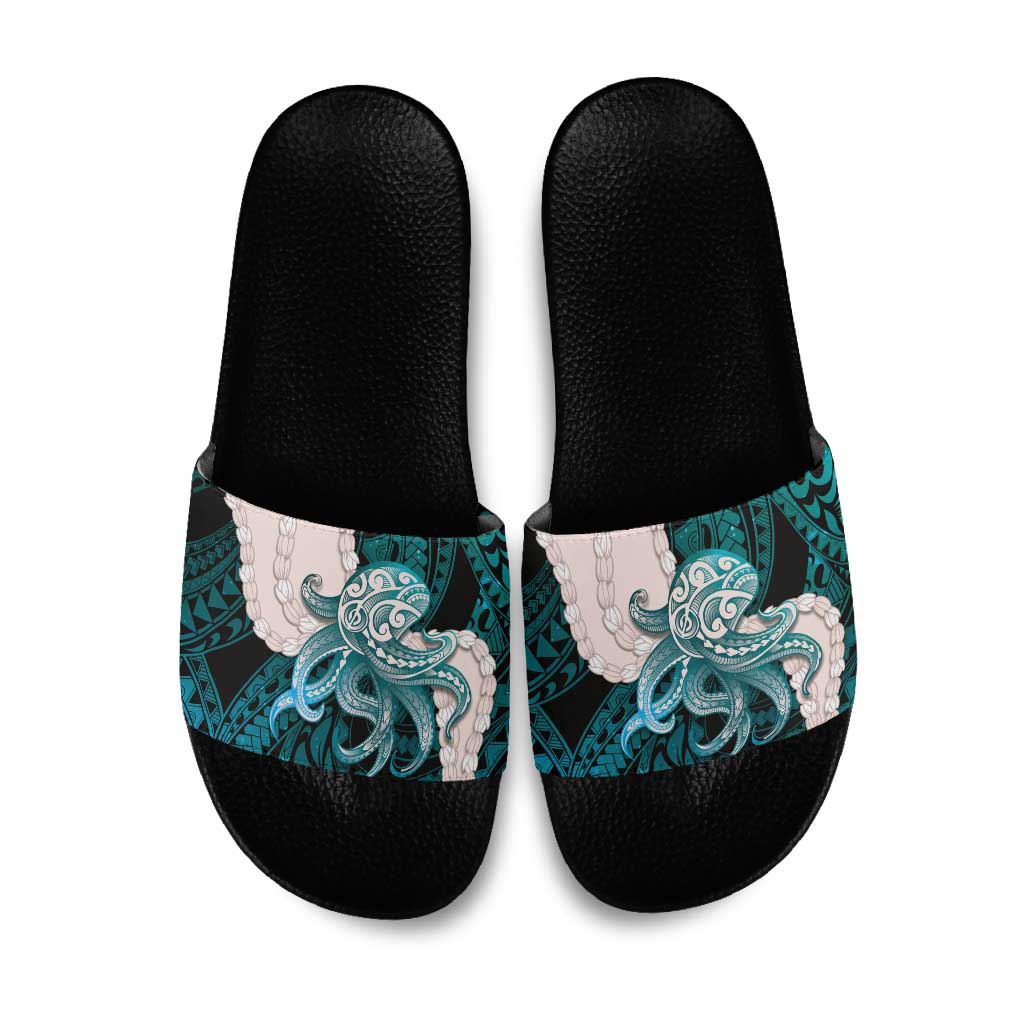 Teal Galaxy Polynesia Tribal Octopus Tattoo Slide Sandals Pikake Lei Polynesian Pattern