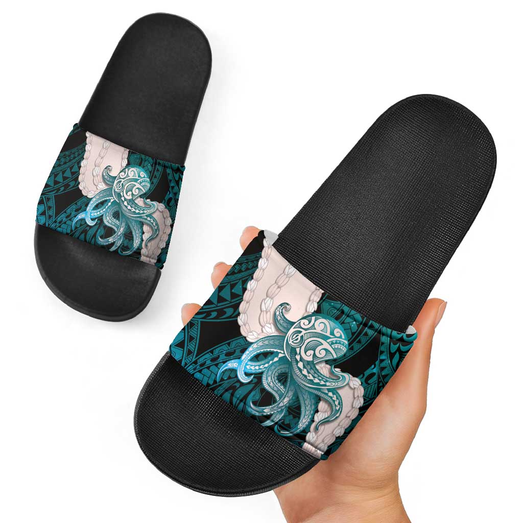 Teal Galaxy Polynesia Tribal Octopus Tattoo Slide Sandals Pikake Lei Polynesian Pattern