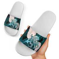 Teal Galaxy Polynesia Tribal Octopus Tattoo Slide Sandals Pikake Lei Polynesian Pattern