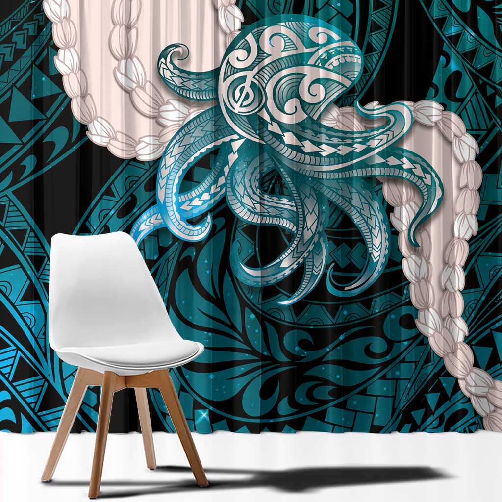 Teal Galaxy Polynesia Tribal Octopus Tattoo Window Curtain Pikake Lei Polynesian Pattern