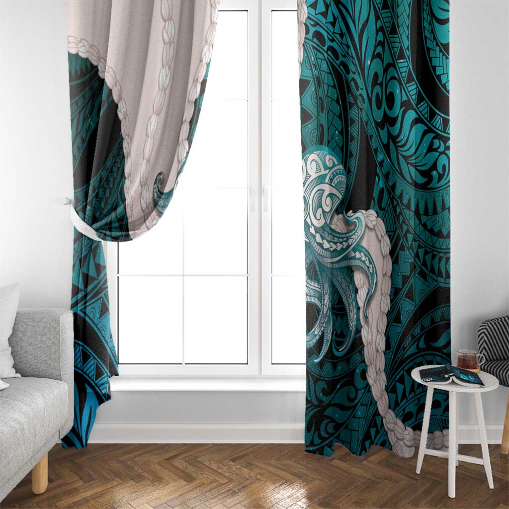Teal Galaxy Polynesia Tribal Octopus Tattoo Window Curtain Pikake Lei Polynesian Pattern