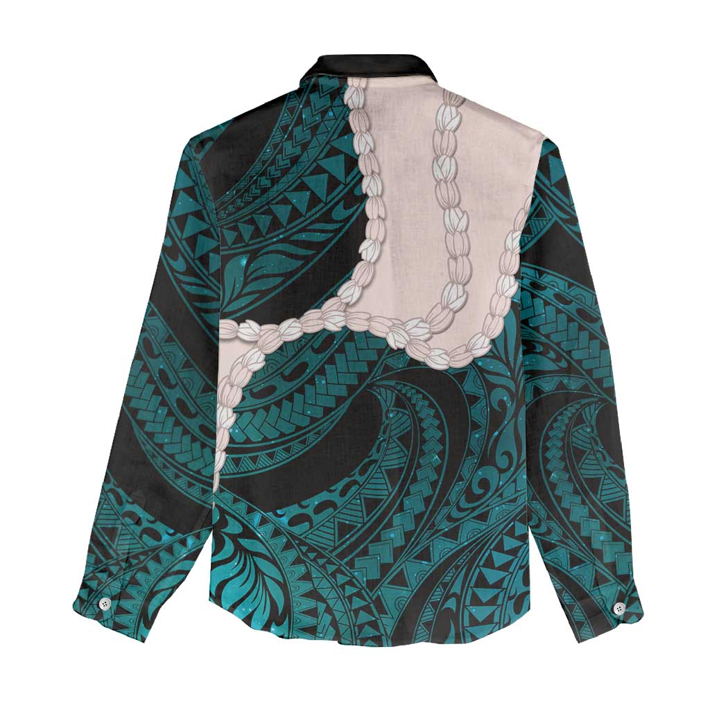 Teal Galaxy Polynesia Tribal Octopus Tattoo Women Casual Shirt Pikake Lei Polynesian Pattern