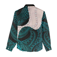 Teal Galaxy Polynesia Tribal Octopus Tattoo Women Casual Shirt Pikake Lei Polynesian Pattern