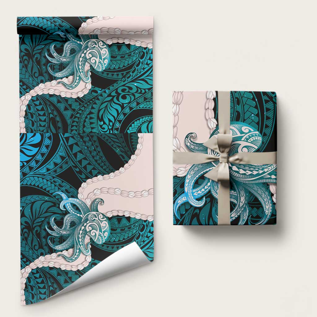 Teal Galaxy Polynesia Tribal Octopus Tattoo Wrapping Paper Pikake Lei Polynesian Pattern