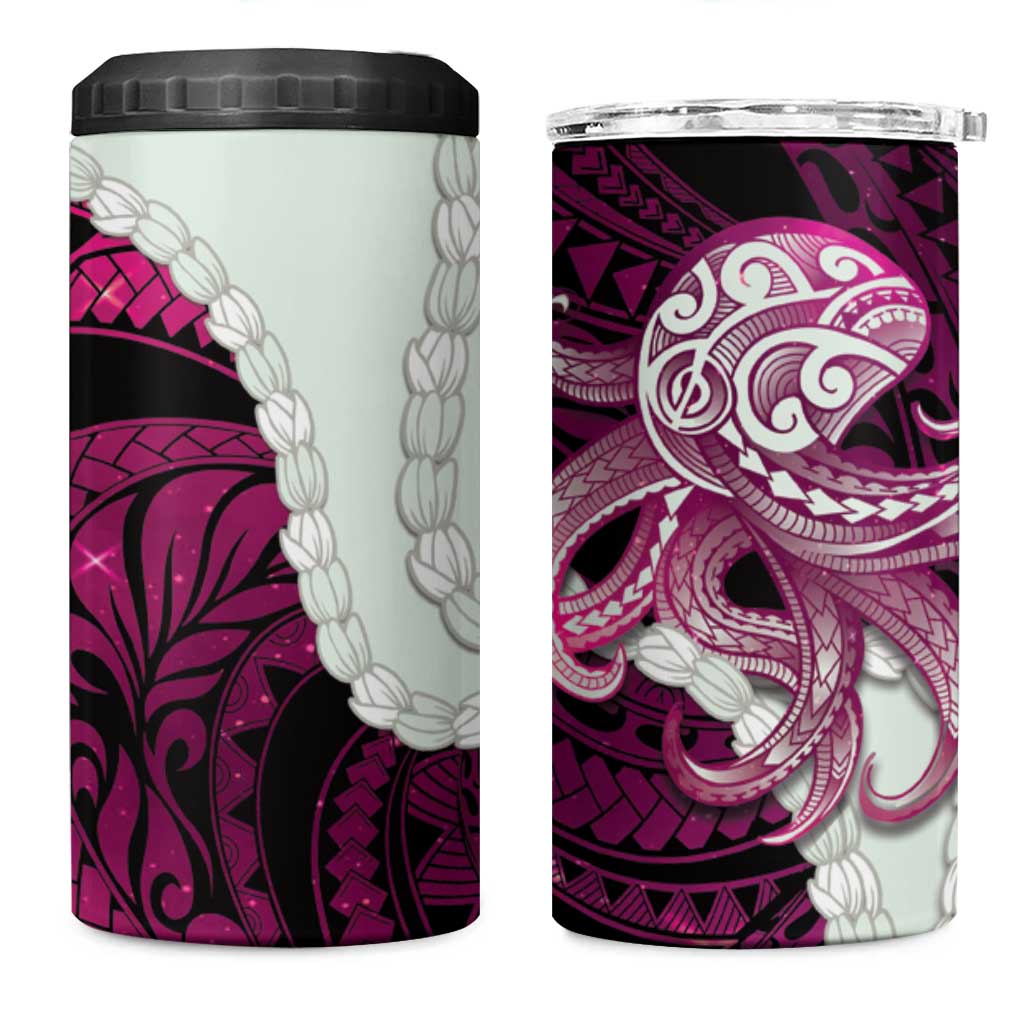 Pink Galaxy Polynesia Tribal Octopus Tattoo 4 in 1 Can Cooler Tumbler Pikake Lei Polynesian Pattern