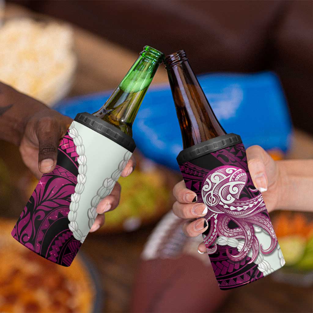 Pink Galaxy Polynesia Tribal Octopus Tattoo 4 in 1 Can Cooler Tumbler Pikake Lei Polynesian Pattern
