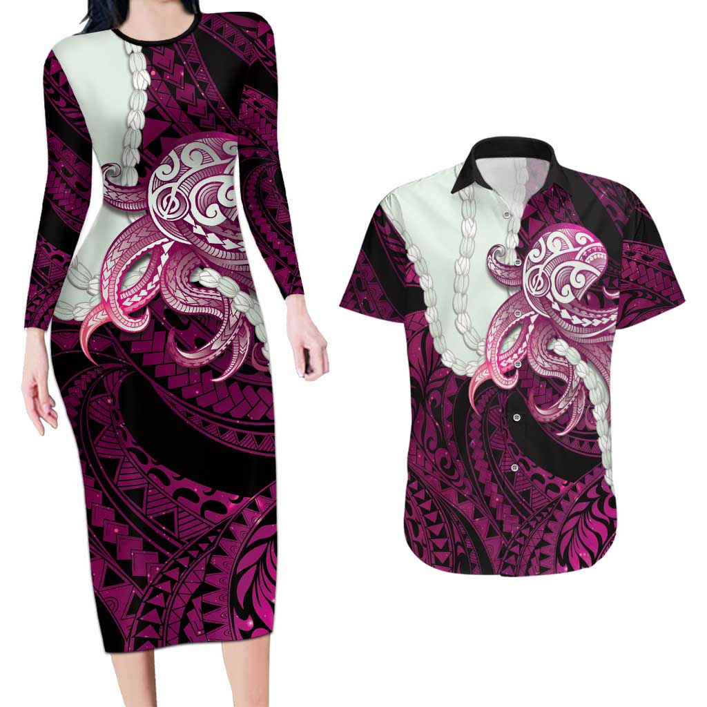 Pink Galaxy Polynesia Tribal Octopus Tattoo Couples Matching Long Sleeve Bodycon Dress and Hawaiian Shirt Pikake Lei Polynesian Pattern