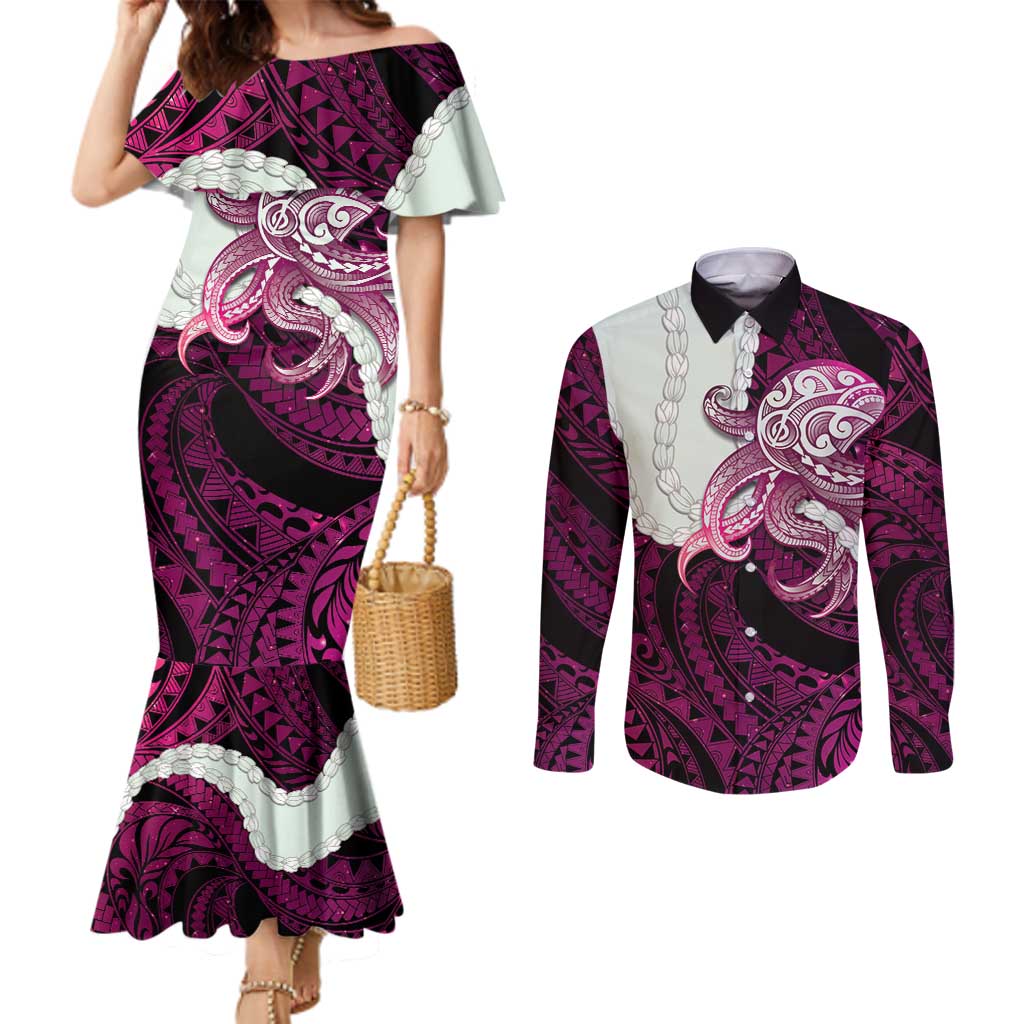 Pink Galaxy Polynesia Tribal Octopus Tattoo Couples Matching Mermaid Dress and Long Sleeve Button Shirt Pikake Lei Polynesian Pattern